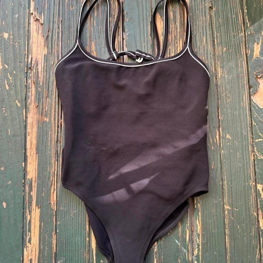 Vintage jag 80s Black one piece swimsuit with white‎ trim and adjustable straps